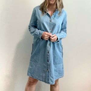 COMME USA Light Blue Denim Zip Pocket Button Down Shirt Dress